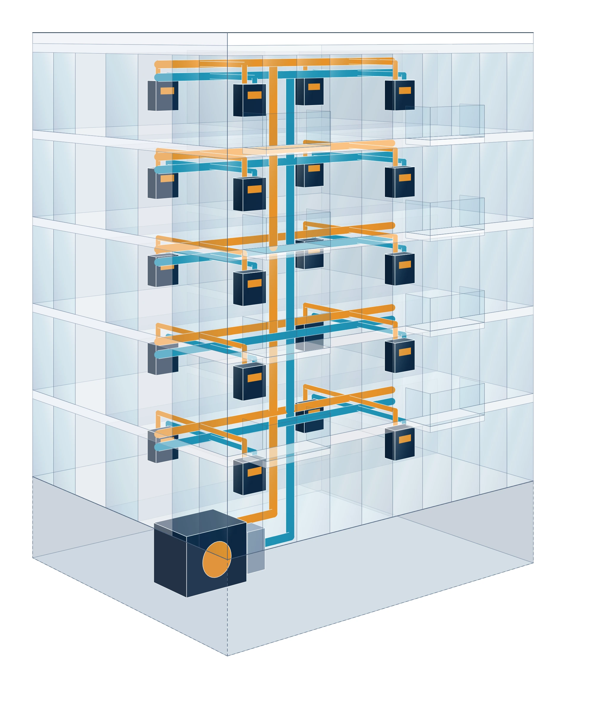 Three-dimensional cutaway of an apartment building with communal heating: a plant room in the basement, flow and return risers, and a heat interface unit in every flat.